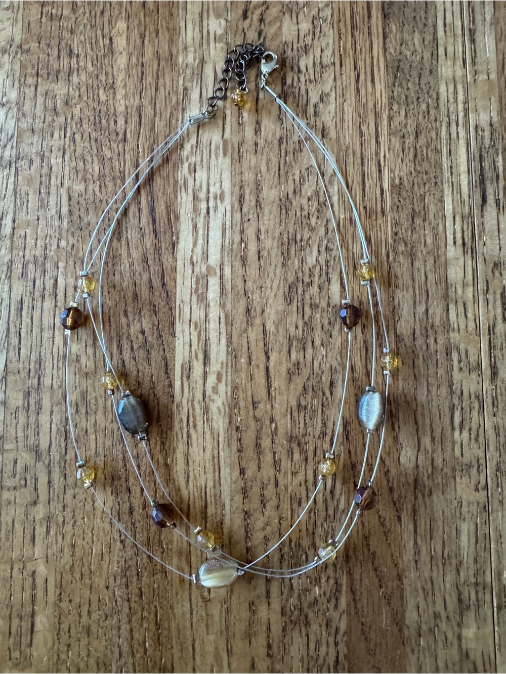 Vintage Multi Strand Illusion Floating Bead Necklace Amber Brown Neutral 18"
